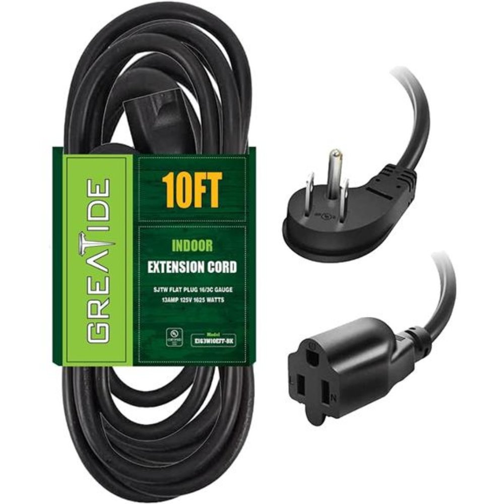 10 Ft Flat Plug Extension Cord, 16 AWG 3 Prong Grounded  Extension Cable
